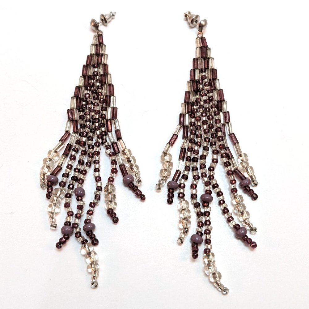 Vintage 90s Y2K Beaded Waterfall Earrings Dangle Big Statement Purple Silver